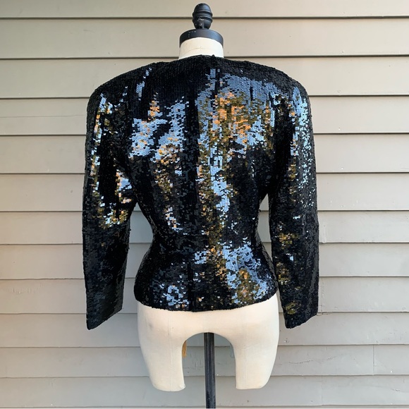 Vintage 80s Black Sequined Silk Peplum Blazer Formal Holiday Jacket Oleg Cassini - Picture 7 of 14